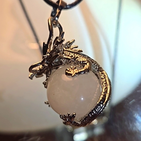 Unisex Natural Stone Crystal Dragon Wrapped Ball Pendant Necklace PU Leather - Picture 7 of 9